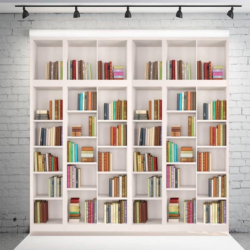 AOFOTO 6x6ft Modern School Bookcase Background Library Books Shelves Study Bookrack White Bookshelf Backdrop with Floor for Photography Students Teachers Portrait Photoshoot Vinyl Photo Studio Props - Image 1